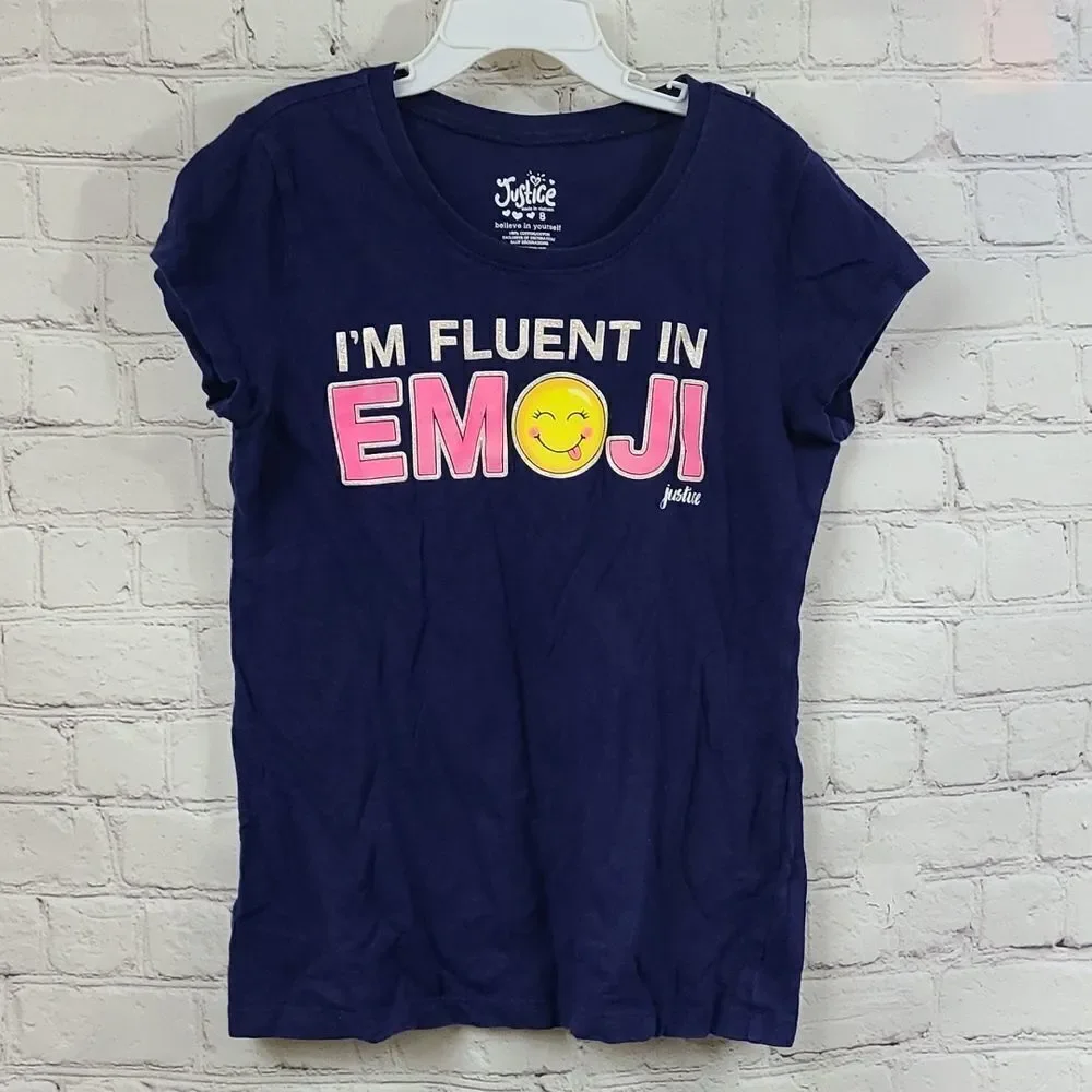 Justice Girls Size 8 I'm Fluent in Emoji Glitter Graphic Tee Navy Blue T-Shirt